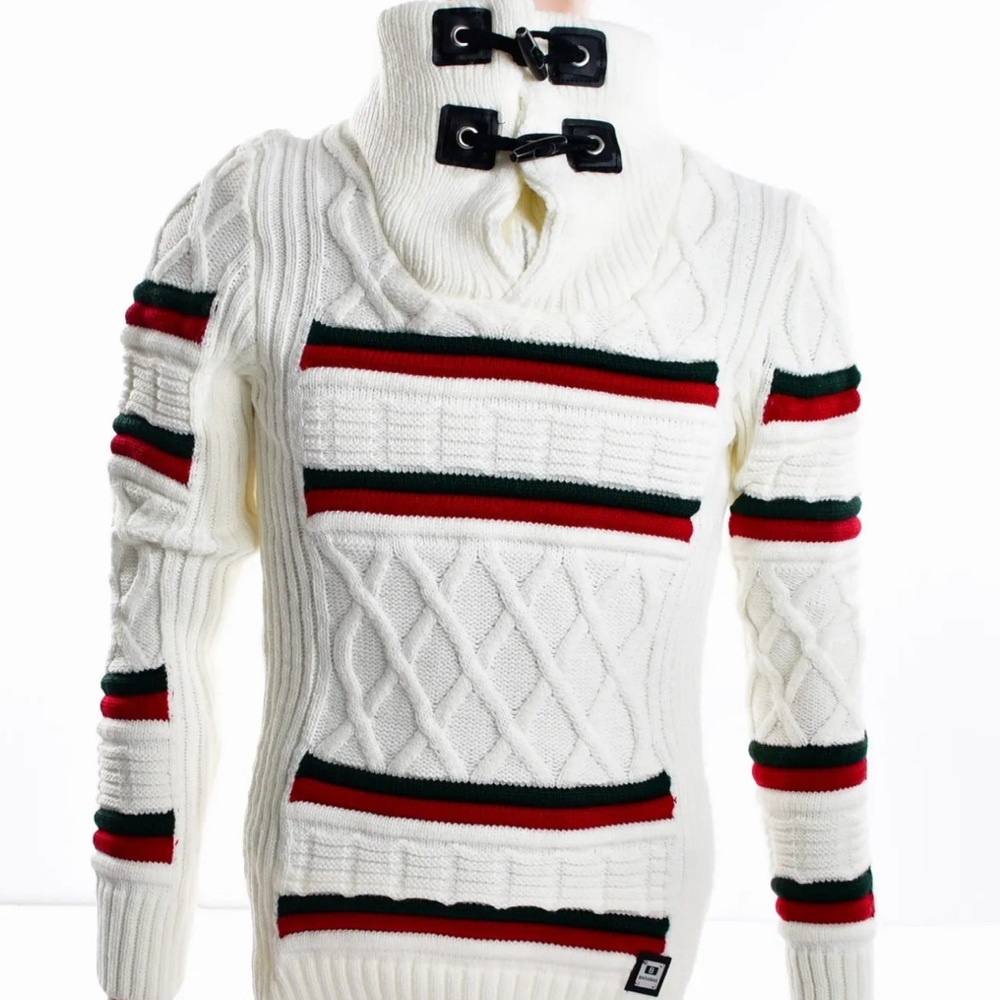 DUAL SHAWL COLLAR CABLE KNIT SWEATER-WHITE